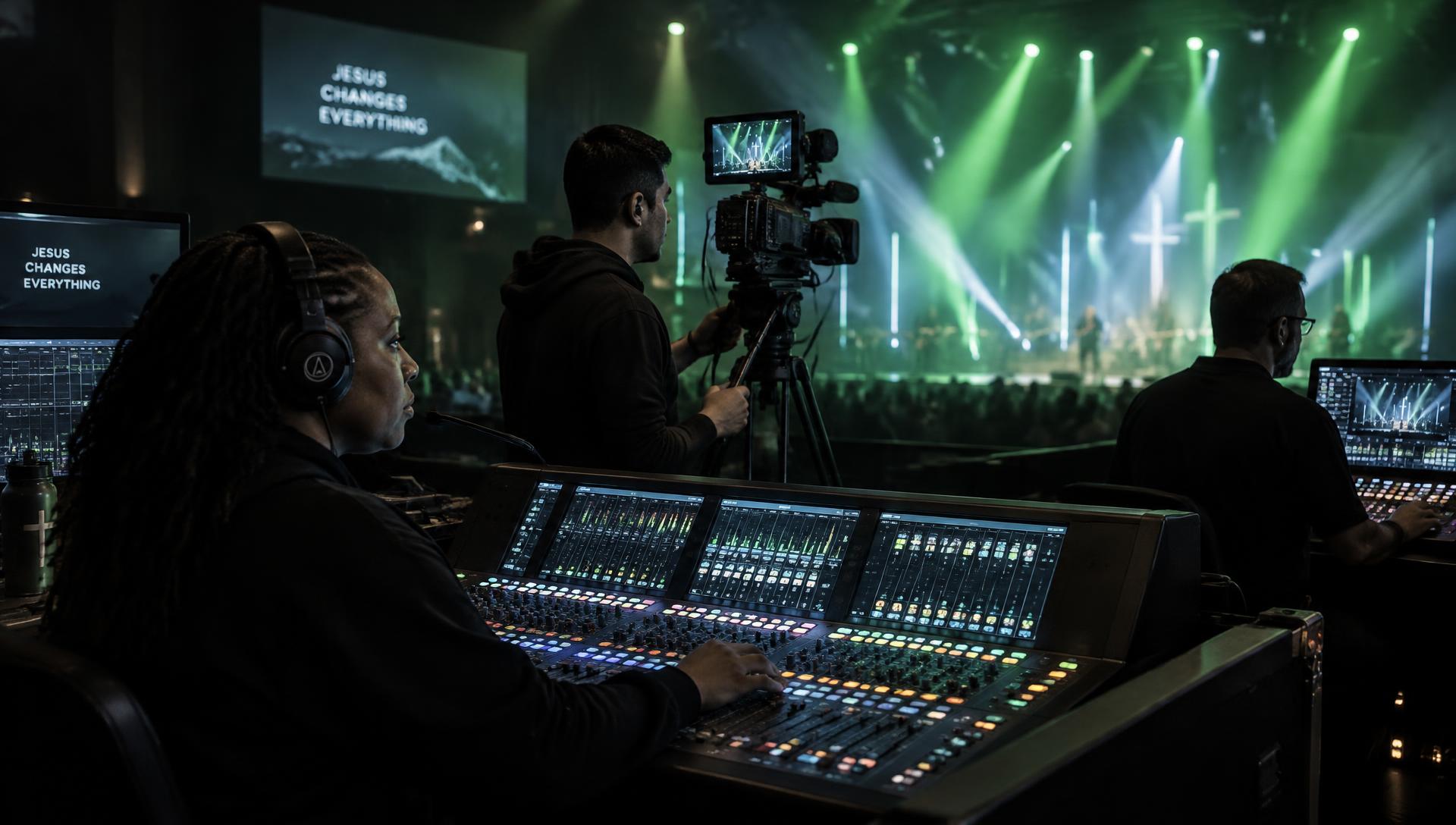 VBC media team running audio, camera and lights during a service